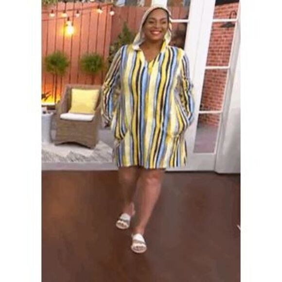 Denim & Co XL Beach French Terry Hooded Stripe Cover-Up Tunic Yellow Stripe NWT) - Picture 1 of 8